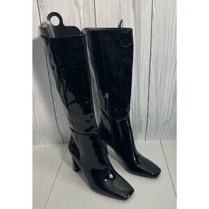 Zara Square Heeled Tall Patent Leather Boots Size 9 (40)